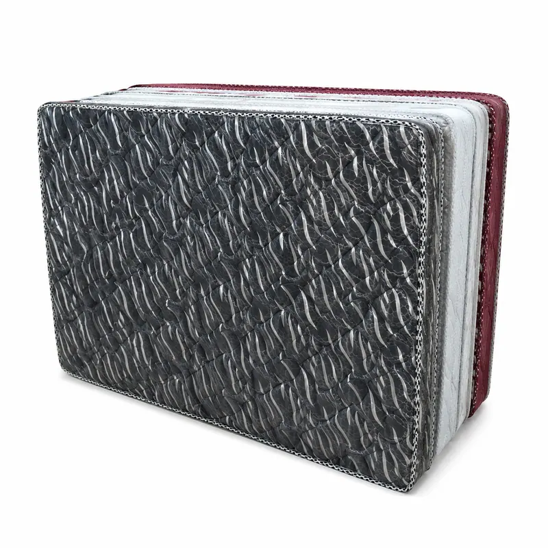 Folded trifold mattress with a grey patterned cover and maroon sides