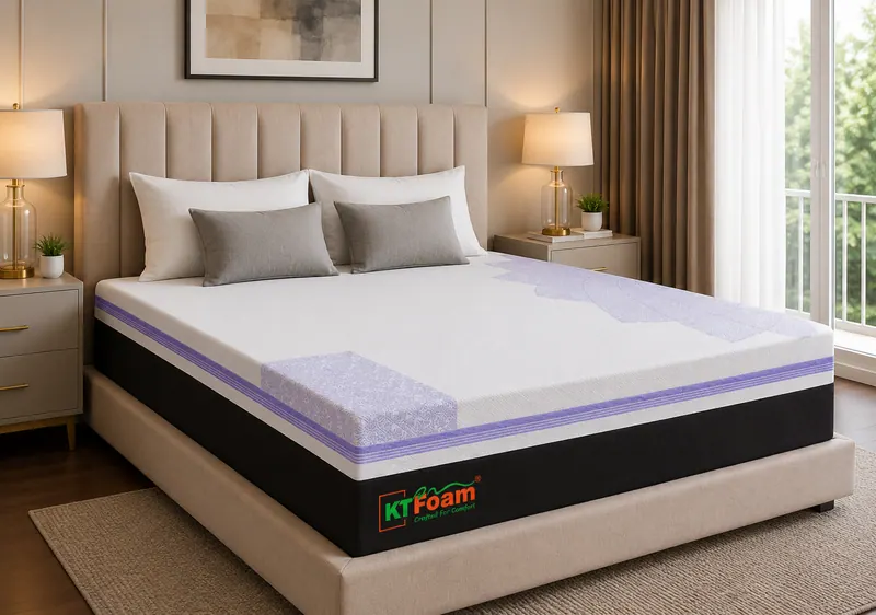 DuroEarth mattress with a white and lavender top and black sides on an upholstered bed