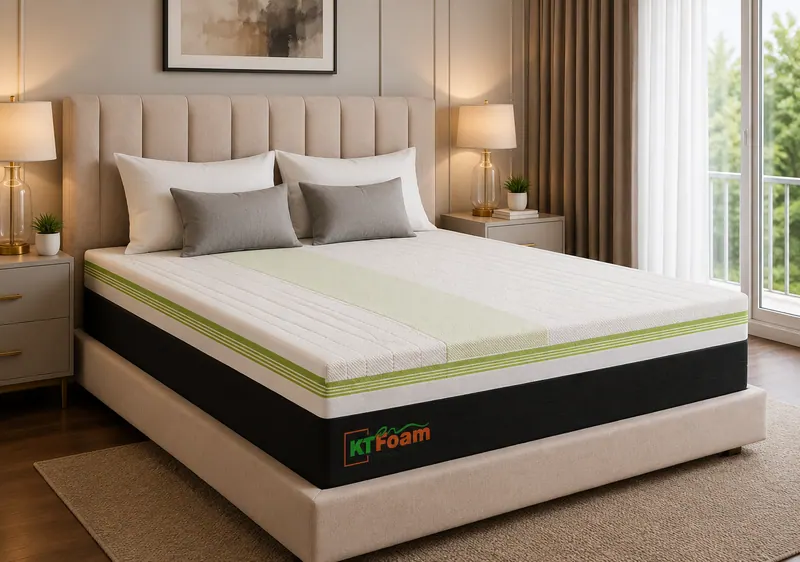 Durolux mattress with an ivory and sage top and black sides on an upholstered bed