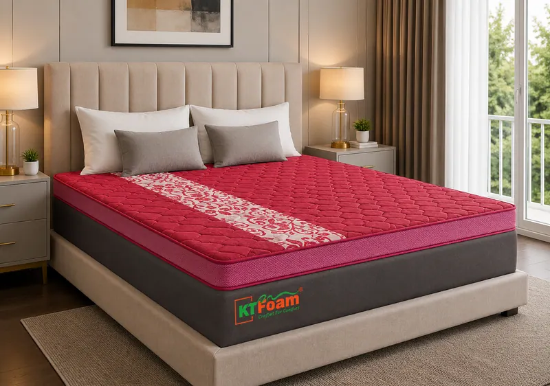 DuroNatural+ mattress with a pink quilted top and grey sides on an upholstered bed
