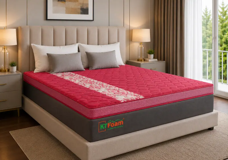 DuroNatural mattress with a pink floral quilted cover on an upholstered bed