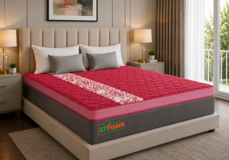 DuroPure mattress with a red quilted cover on an upholstered bed in a sunlit bedroom