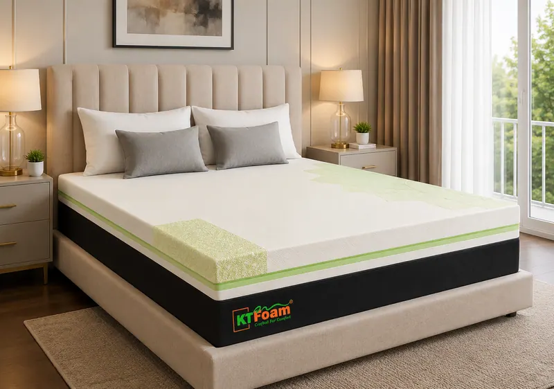 DuroRich mattress with an ivory and sage top and black sides on an upholstered bed