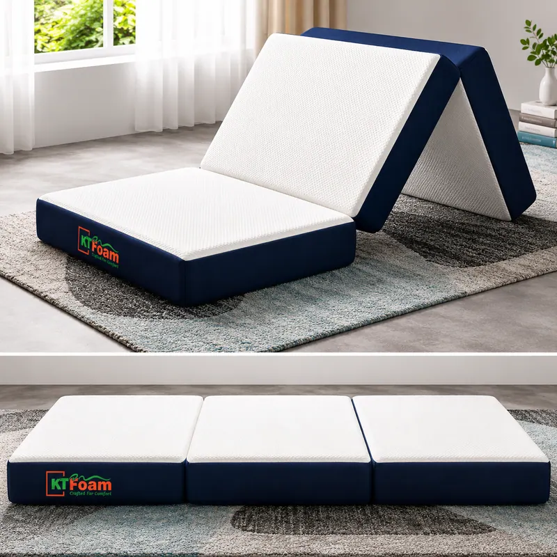 Trifold foam mattress shown folded into a chair and unfolded flat on the floor