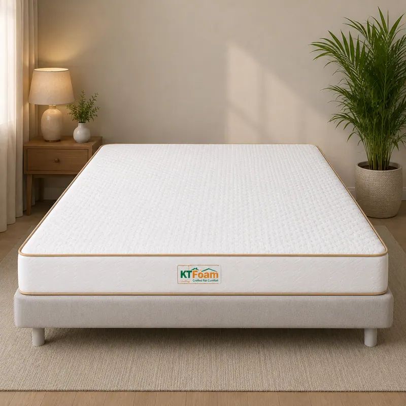Plain white 7 inch foam mattress on a bed base beside a plant
