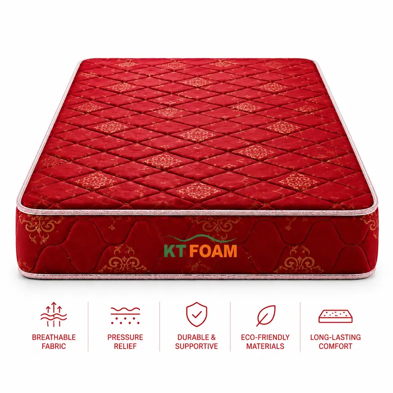 Red patterned mattress shown with printed badges for breathable fabric, pressure relief, durability, eco-friendly materials and long-lasting comfort