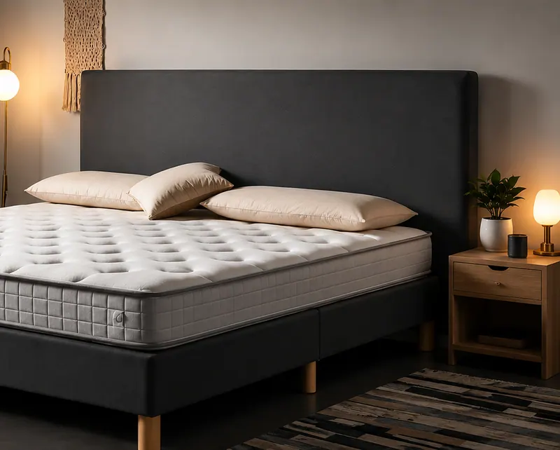 A made bed with a quilted KT Foam mattress in a warmly lit bedroom