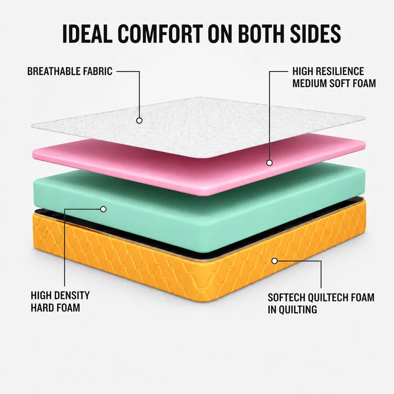 Layer diagram titled Ideal comfort on both sides, showing breathable fabric and coloured foam layers