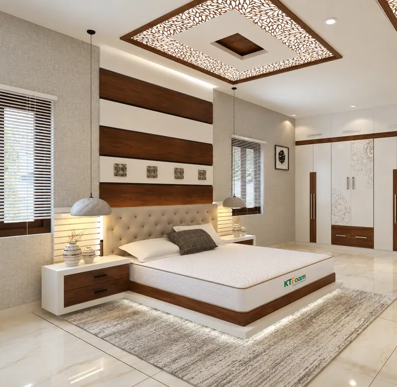 White latex mattress on a wooden platform bed in a panelled bedroom
